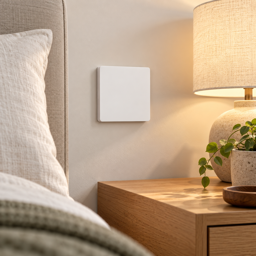 Interruptor Kinelux inalámbrico instalado junto a la cama