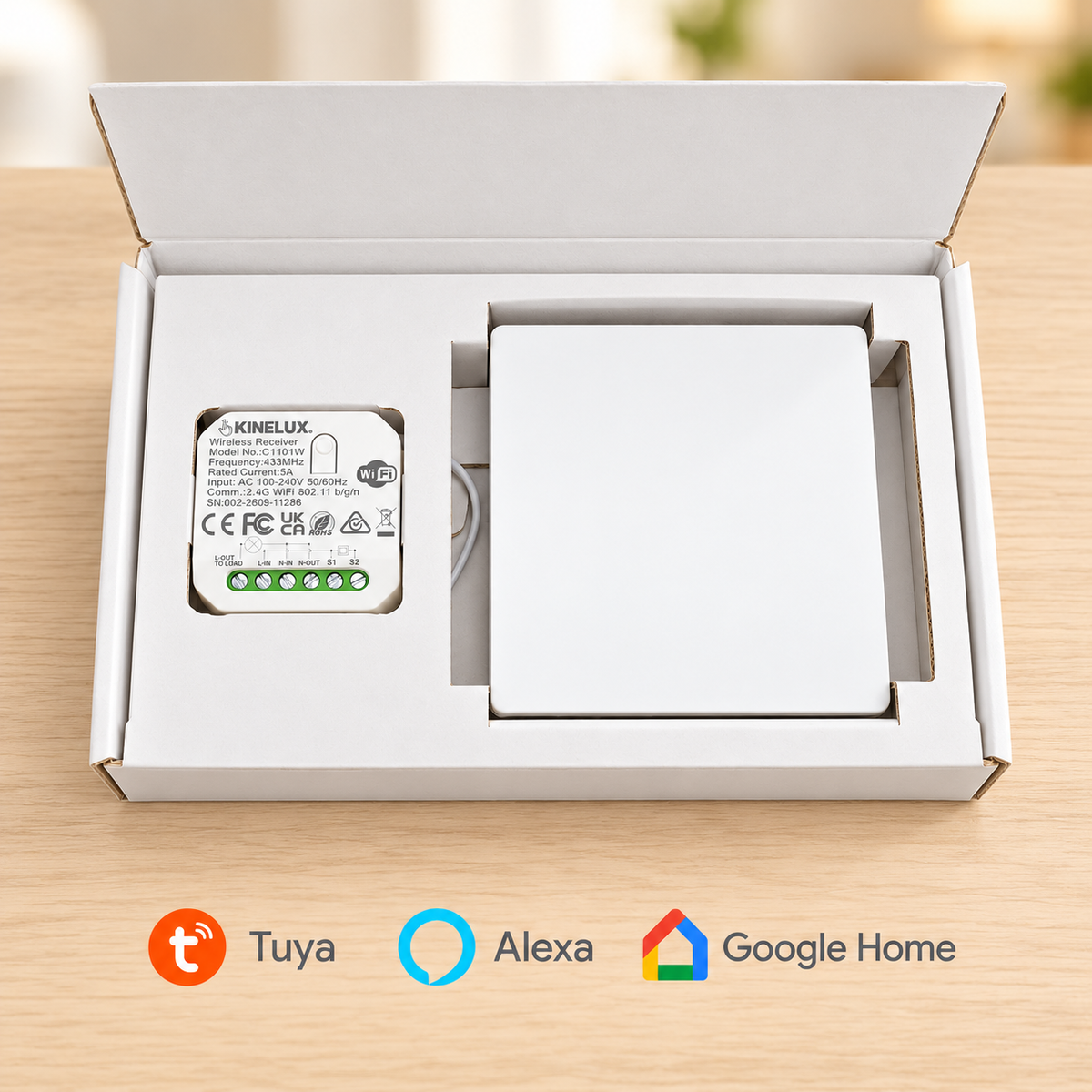 Kit Kinelux abierto con interruptor y receptor; compatible con Tuya, Alexa y Google Home
