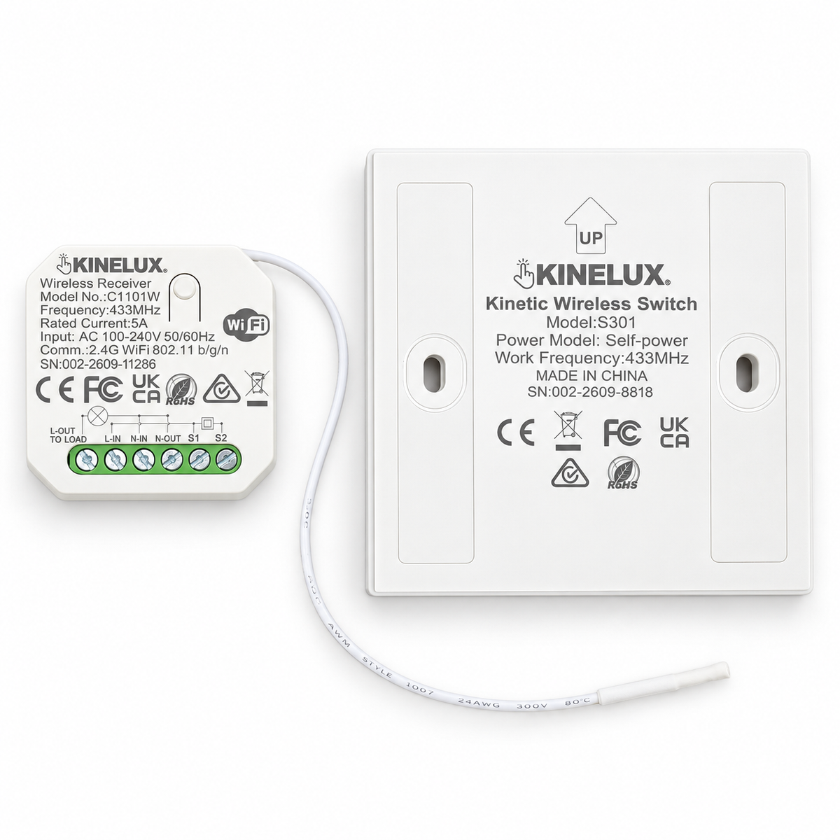 Vista trasera del interruptor y receptor Kinelux